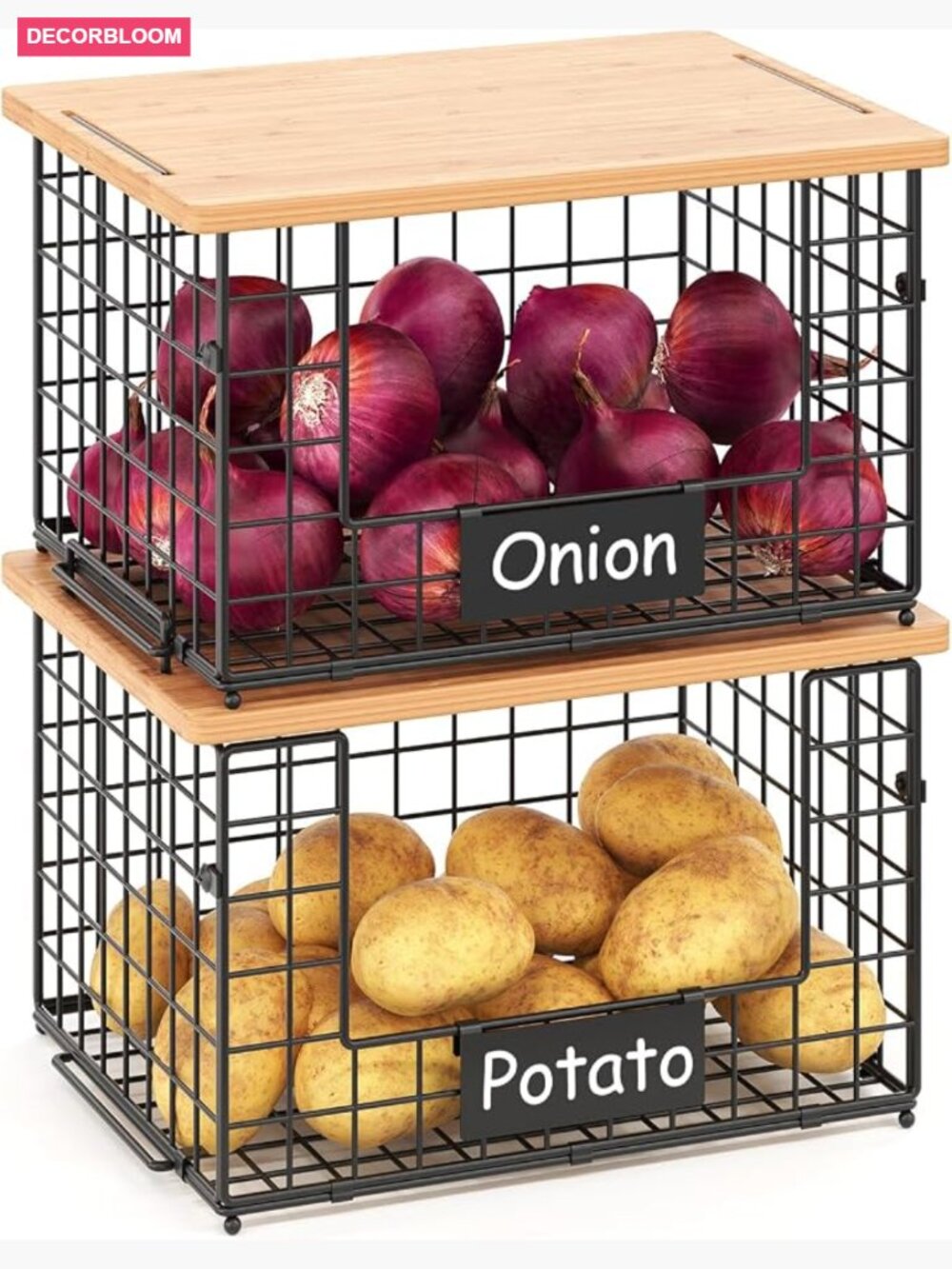 2-Pack Stackable Wire Baskets with Bamboo Top - Kitchen Storage Organizers